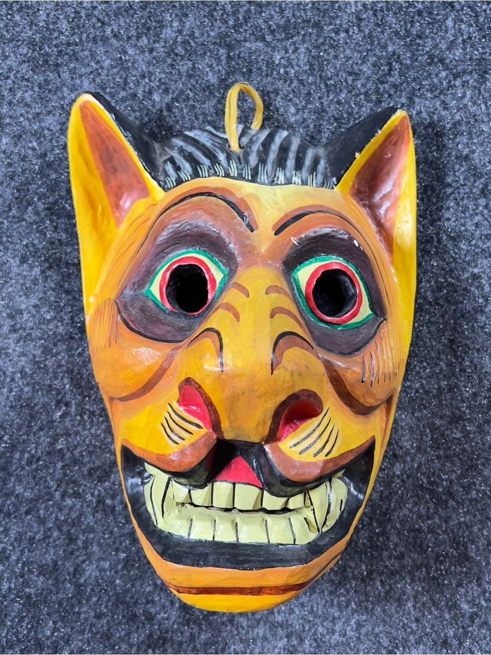 Hand Carved Wood Folk Art Devil Cat Mask Painted Halloween Wall Decor
